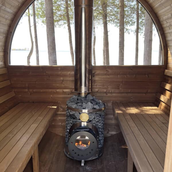 Mini-IKI Wood-Burning Sauna Stove in a barrel sauna